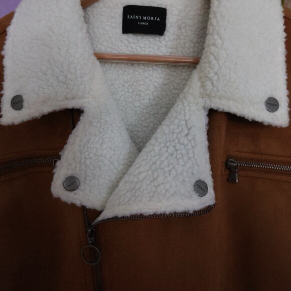 SAINT MORTA Imperial Sherpa Biker Jacket In Tan Cream Size L - Picture 6 of 16